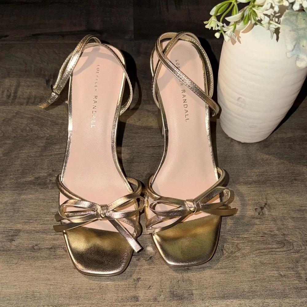 NWT Loeffler Randall Maeve Metallic Gold Knot Bow Ankle Strap Heel - Picture 4 of 12